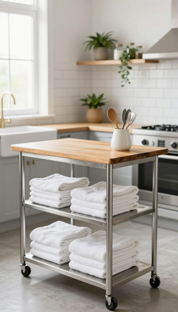 Small wet kitchen with rolling cart island, stainless steel and butcher block, natural light, minimalist decor