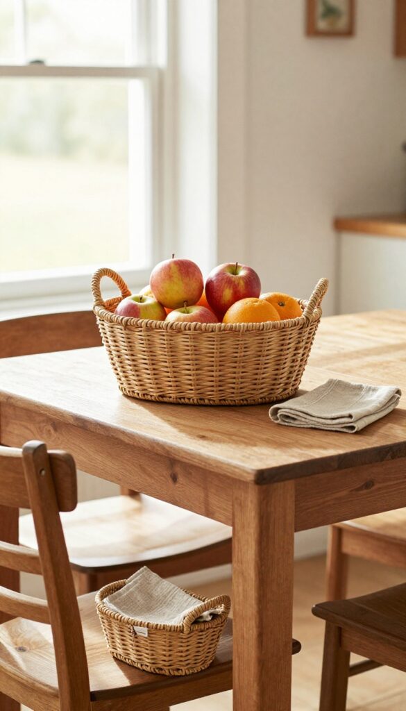 Kitchen table with woven baskets holding fruit and napkins, natural light, farmhouse style