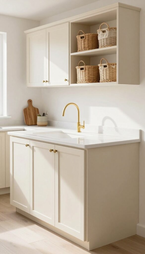 White laminate countertop with rounded edges in a warm, lived-in kitchen