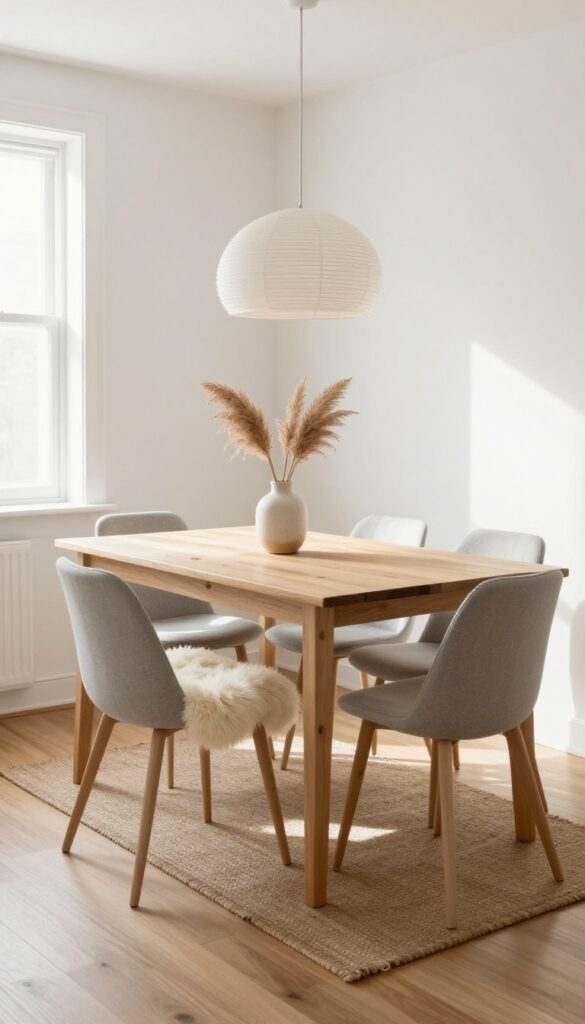 Scandinavian minimalist kitchen dining set with light wood table, slim gray chairs, sheepskin throw, jute rug, and pendant light in bright natural light.