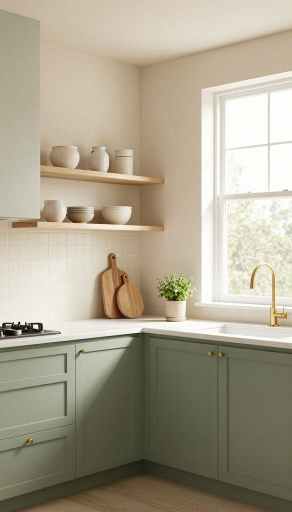 Modern kitchen with sage green cabinets, beige walls, white quartz countertop, cream zellige backsplash, brass hardware, and open shelving with ceramics.