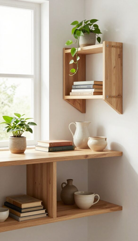 Open corner shelving in a modern country kitchen with whitewashed wood shelves displaying cookbooks, pottery, and a trailing plant.