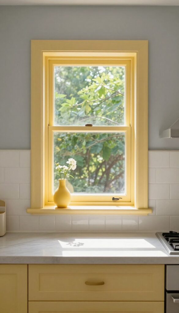 Grey kitchen with yellow window frame and yellow vase on windowsill, bright natural light