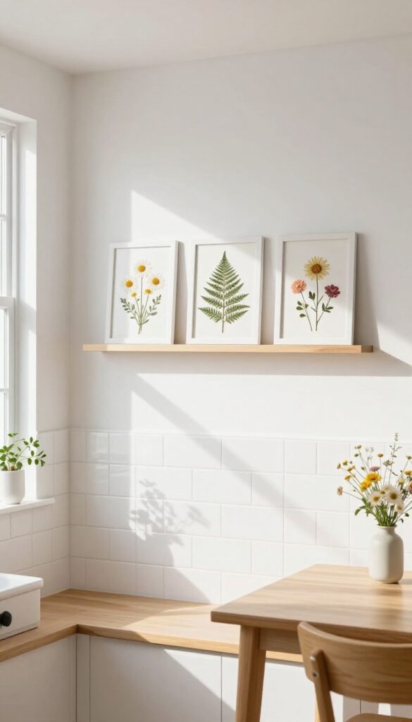 Pressed flower art in simple frames hung in a staggered layout above a kitchen breakfast nook, with natural light and airy decor.