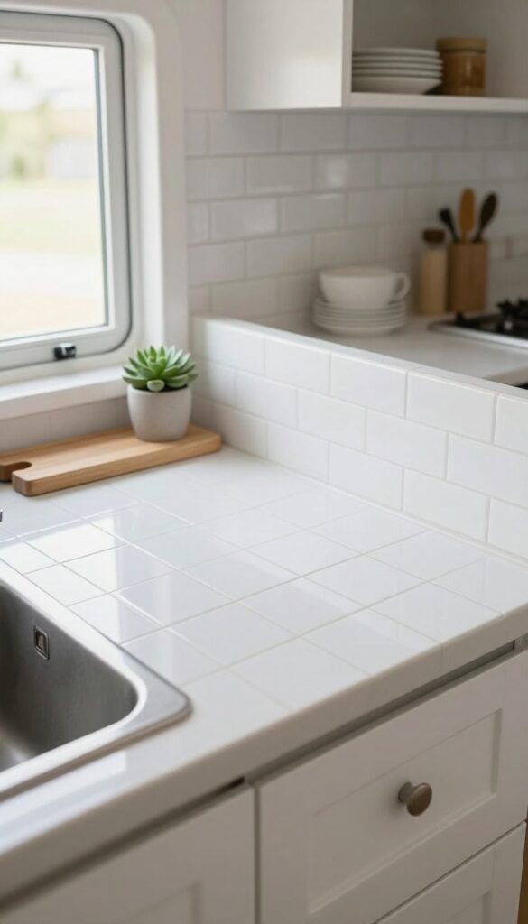 Campervan kitchen with glossy white peel-and-stick subway tile backsplash, reflecting natural light from window above sink.