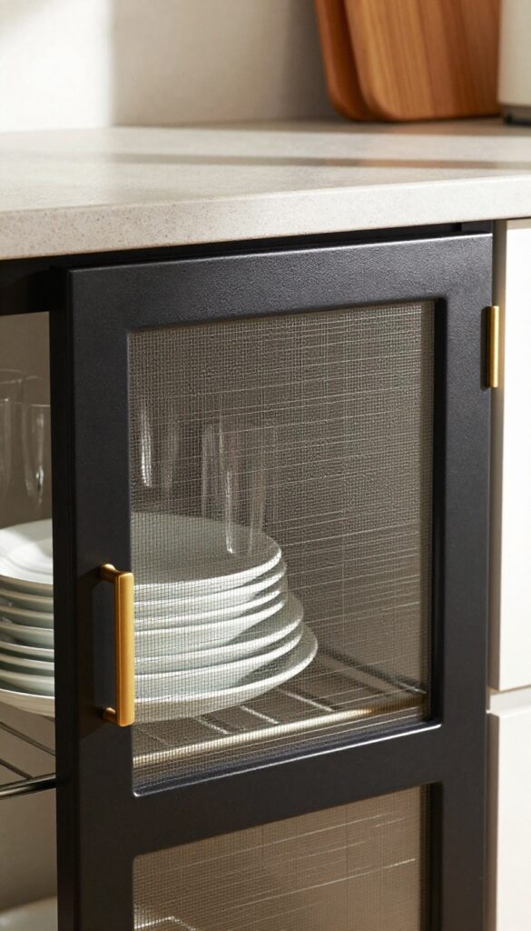 Close-up of a matte black kitchen cabinet with wire glass doors, brass handles, and neatly arranged white dishes inside, warm wood and concrete background.