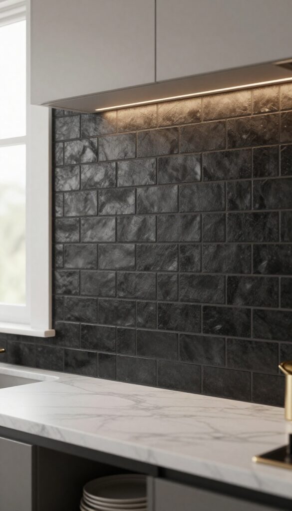 Black subway tile backsplash with dark grout in a modern kitchen, paired with brass fixtures and white marble countertop