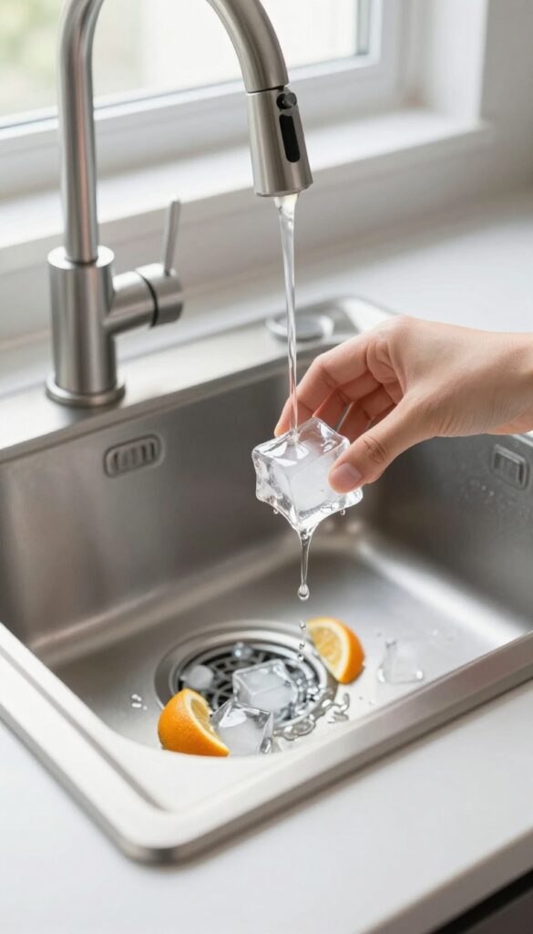 Ice cubes with citrus peels and vinegar being dropped into a garbage disposal for cleaning
