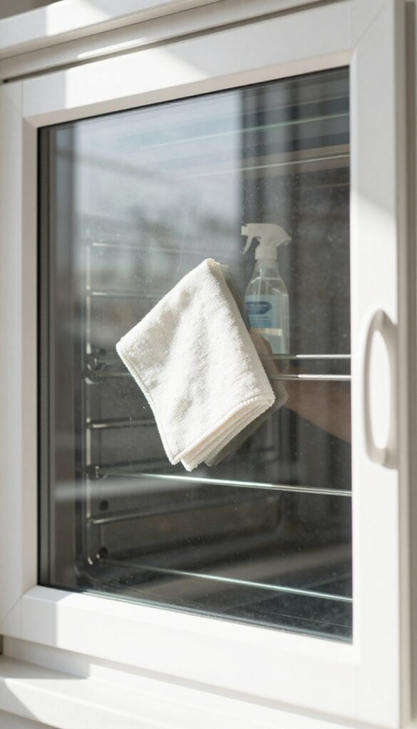 Cleaning oven glass window with rubbing alcohol for streak-free finish
