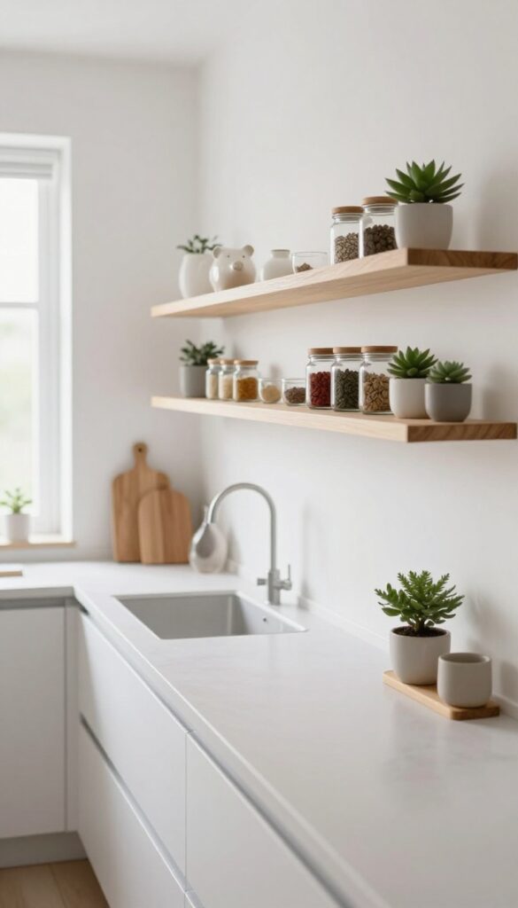 Slim floating shelves above a kitchen counter in a narrow hallway, holding spices and small jars, with natural light.