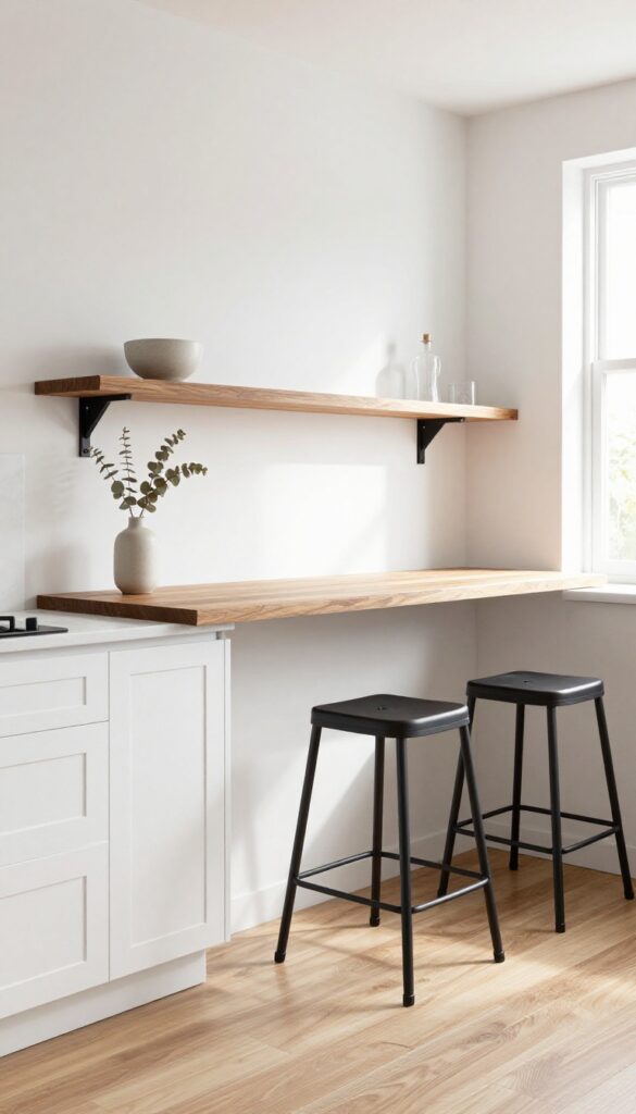 Floating shelf island with stools in a galley kitchen