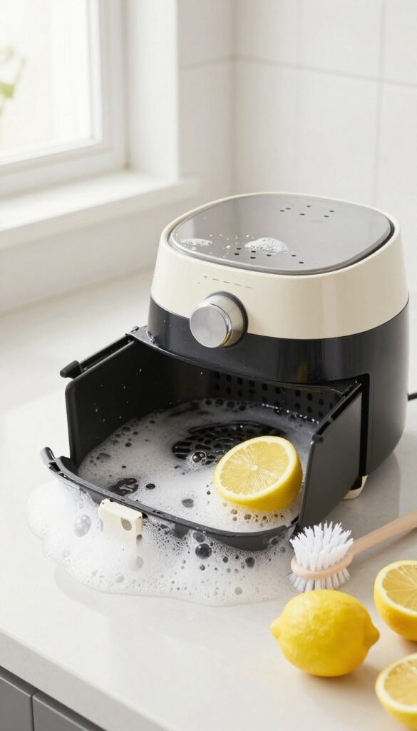Air fryer basket soaking in hot soapy water with a brush and lemon nearby for deep cleaning