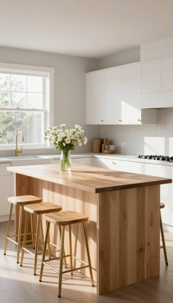 Kitchen island with light oak countertop and three backless stools combining wood seats and slim brushed brass metal frames in a bright, airy kitchen.