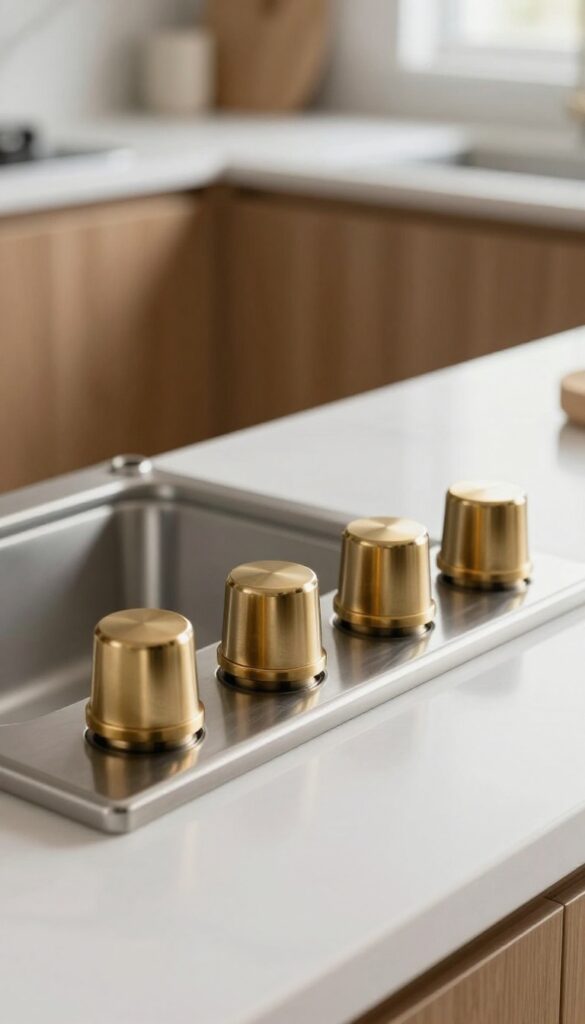 Close-up of a kitchen range with brushed brass knobs, natural light, modern kitchen background