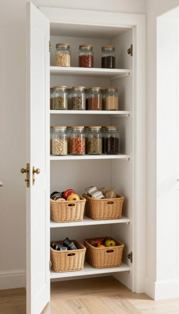 Over-the-door rack in a narrow L-shaped pantry with jars and baskets