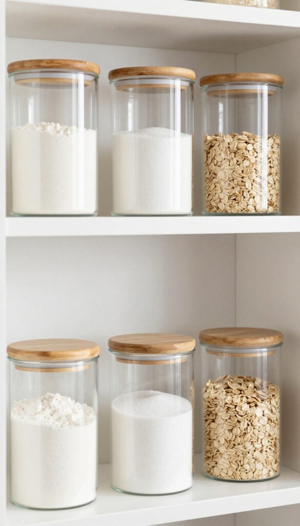 Clear glass canisters with bamboo lids on a pantry shelf filled with flour, sugar, and oats