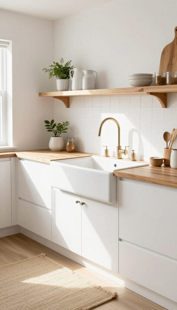 Fireclay apron sink with wood accents in a bright, rustic-modern kitchen