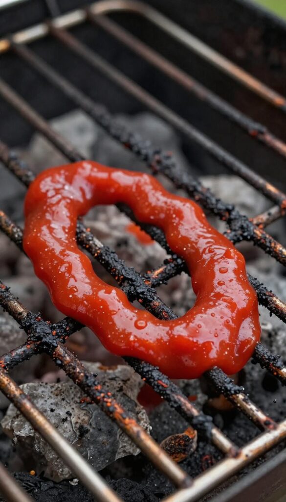 Grill grate covered in ketchup for cleaning burnt-on food
