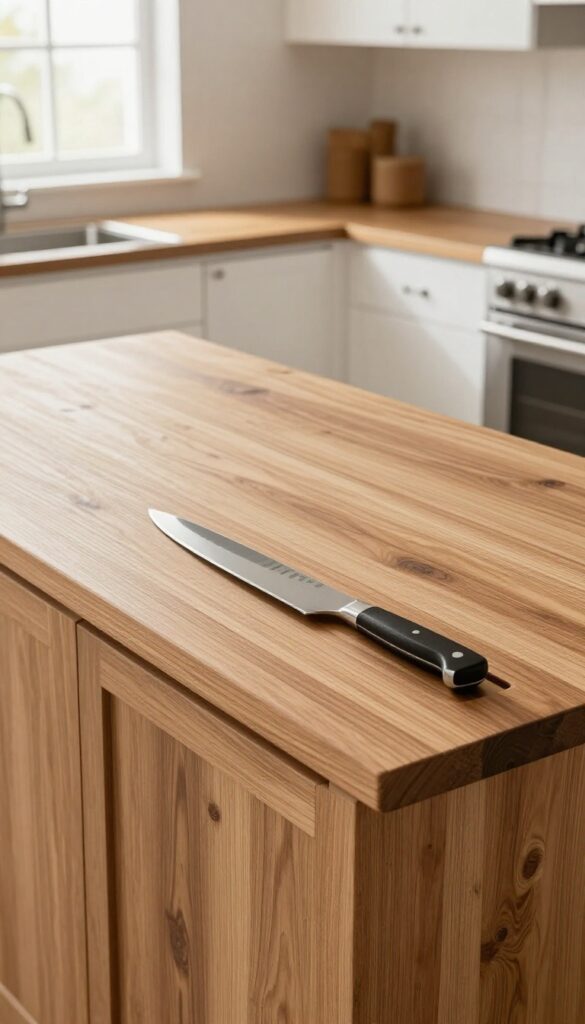 Butcher block kitchen island countertop with built-in knife slots, warm wood texture, bright natural light, modern kitchen setting.