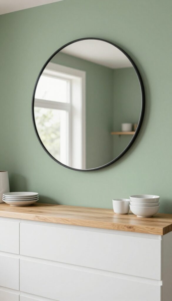 Small kitchen with sage green accent wall and large round mirror reflecting light