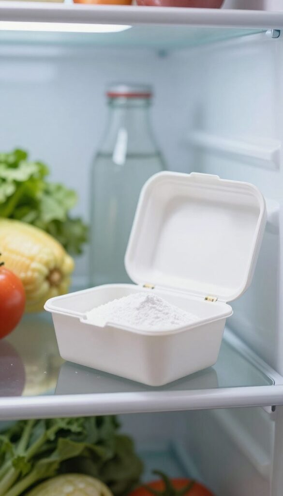 Open box of baking soda on a clean fridge shelf to absorb odors