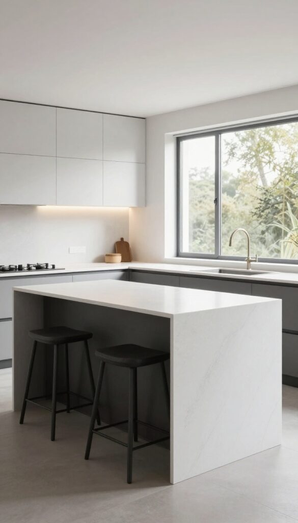 Two-tier kitchen island with lower breakfast bar, white upper counter, charcoal lower tier, backless stools, and warm under-counter lighting.