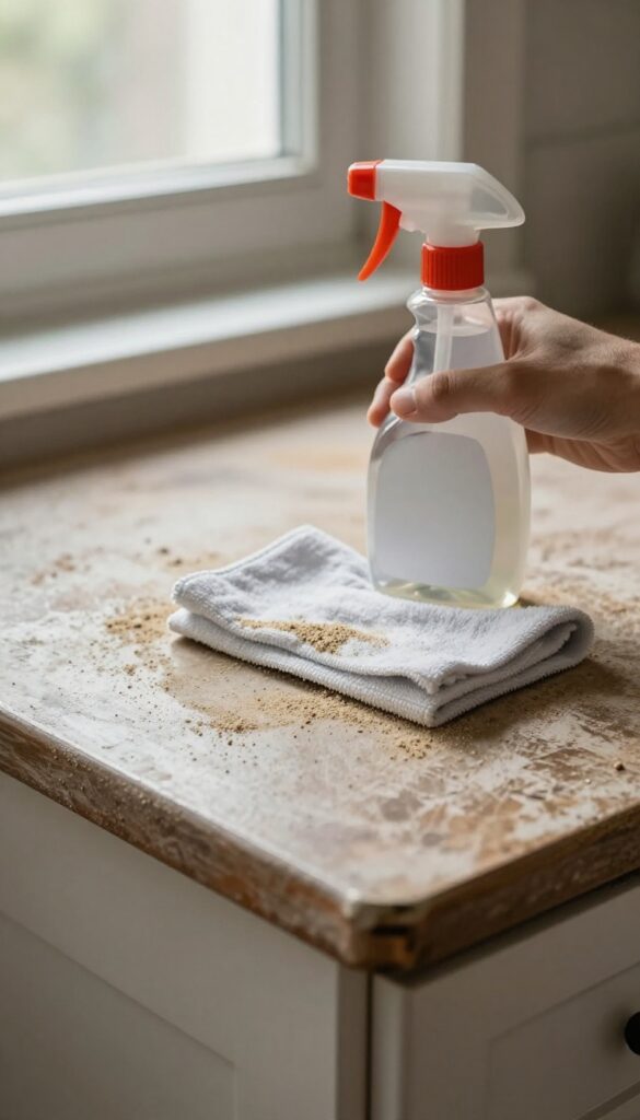 Cabinet top with dust and grease, cleaning supplies nearby