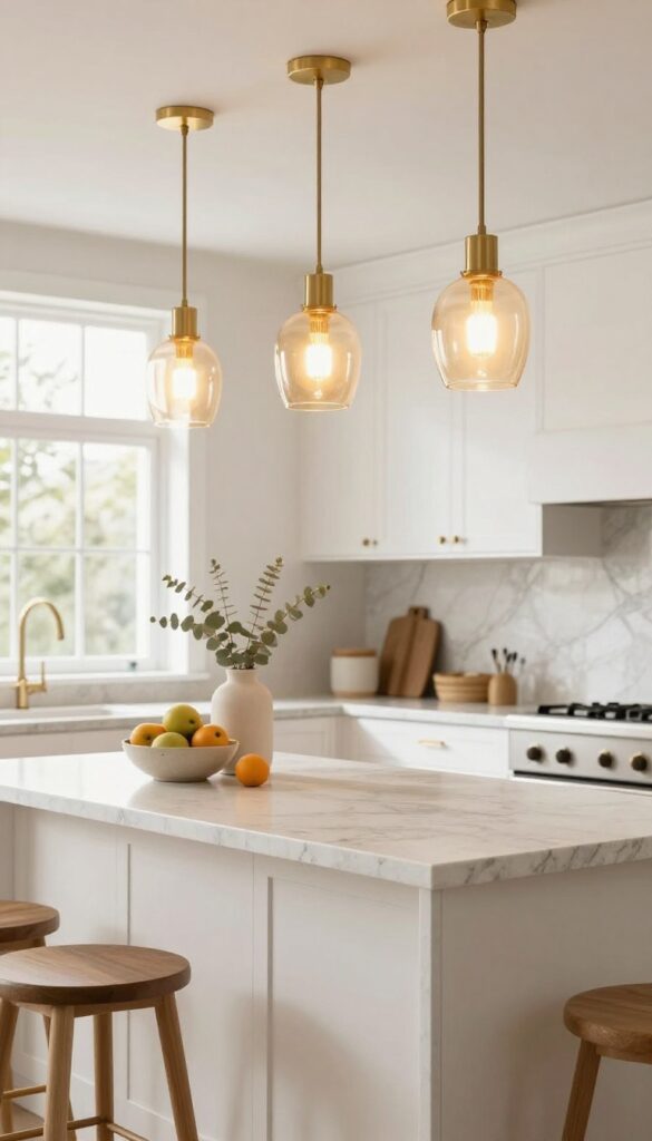 Modern kitchen island with warm amber glass pendant lights and brushed brass hardware