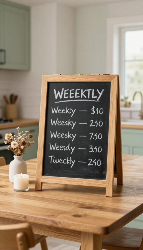 A weekly menu board on a small easel sits on a clean kitchen table, surrounded by dried flowers and a candle, with warm natural light.