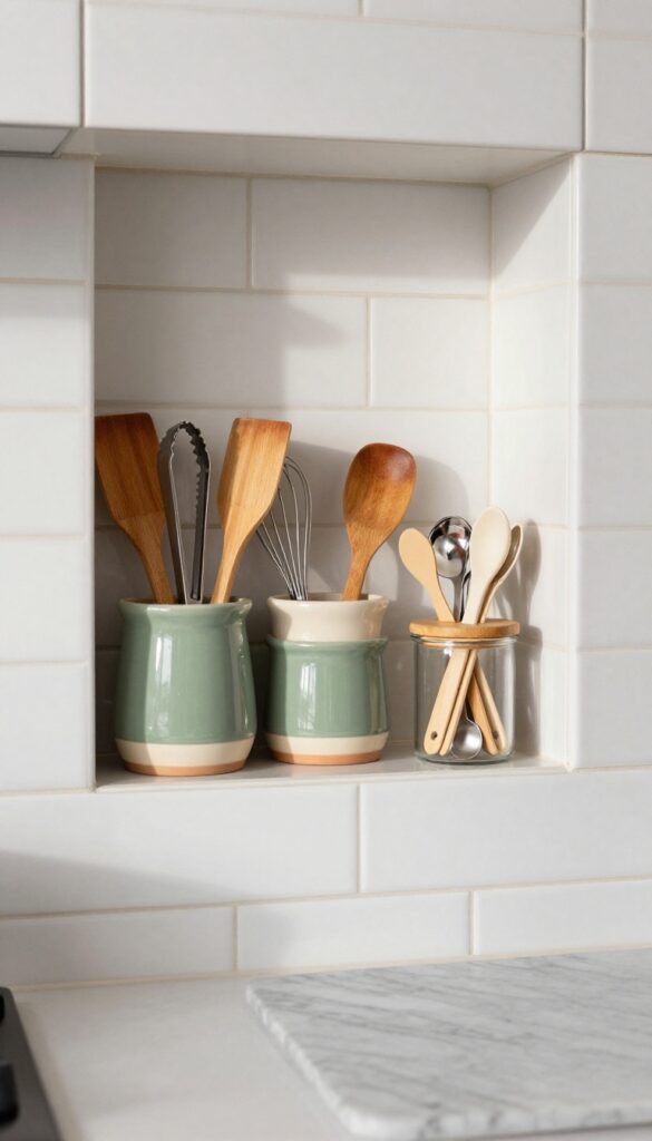 Kitchen niche with ceramic crocks holding wooden and metal utensils, styled as a functional organizer near the stove.