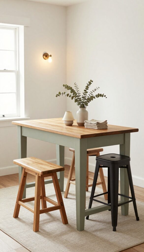 Repurposed desk as a kitchen bar table with mismatched stools and cozy accessories