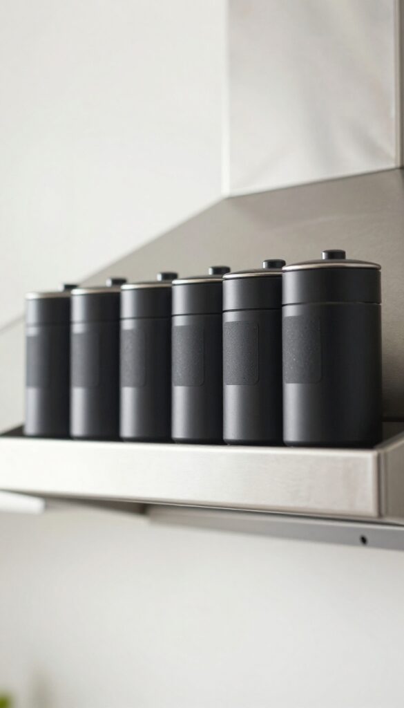 Magnetic spice tins attached to the side of a stainless steel range hood in a bright kitchen