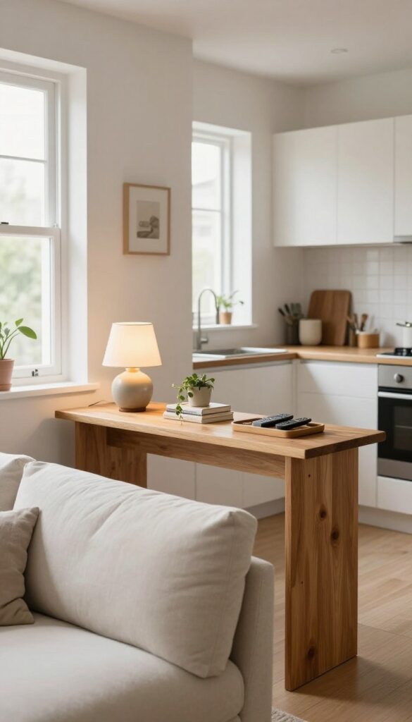 Slim console table behind sofa in small open kitchen living room, warm wood, lamp, books, plant, cozy natural light.