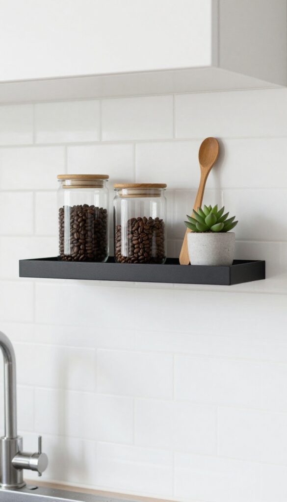 Wall-mounted shelf above kitchen sink with glass jars, canisters, and a small plant, bright natural light