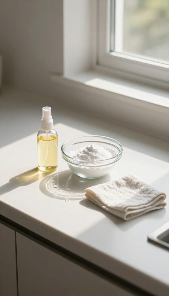 Natural oven cleaner ingredients on a kitchen counter: baking soda paste, vinegar spray, and lemon oil.