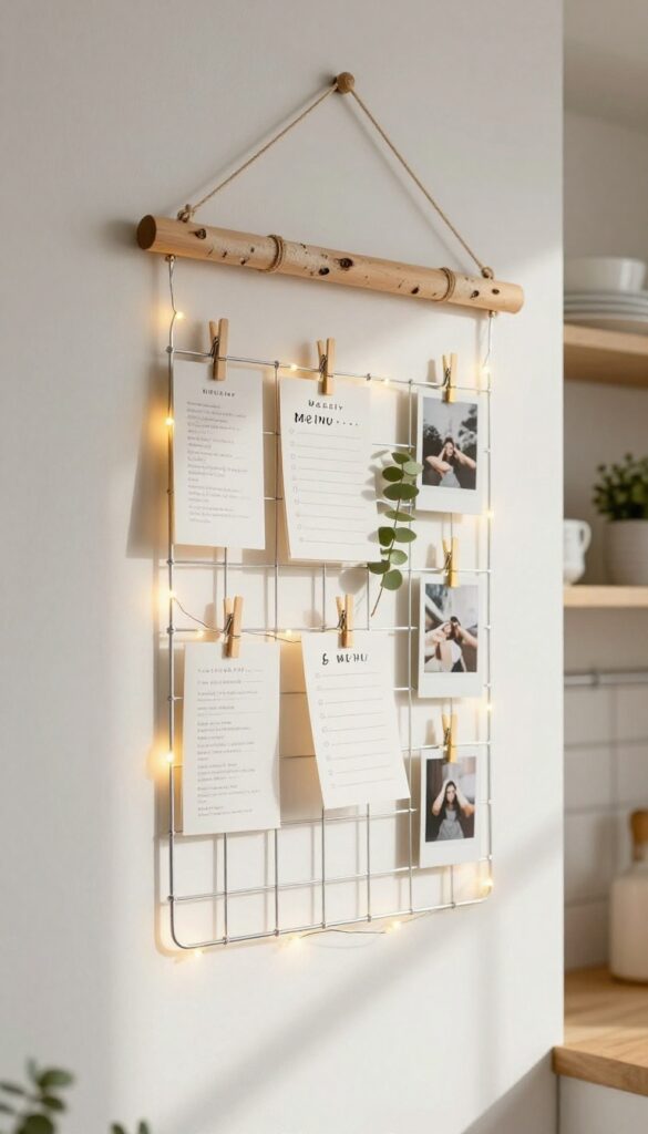 Hanging wire memo board with clips on a kitchen wall, holding notes and menus, with fairy lights and dried eucalyptus.