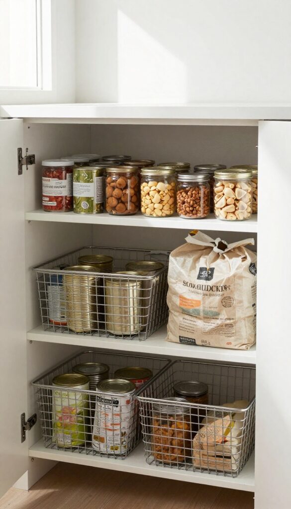 Pull-out wire baskets in a small pantry, neatly organized with cans and jars, bright natural light.