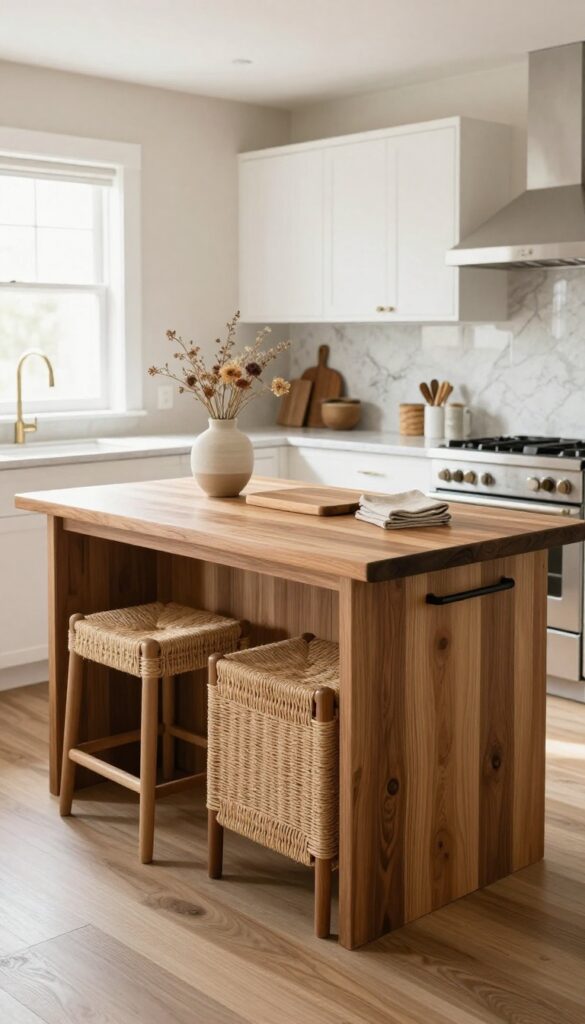 Butcher block island with woven seat stools and pull-out trash bins in a warm, lived-in kitchen