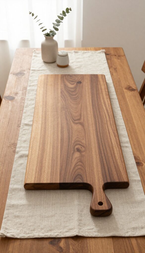 A butcher block cutting board used as a rustic runner on a wooden dining table, with a linen runner underneath and minimal decor.