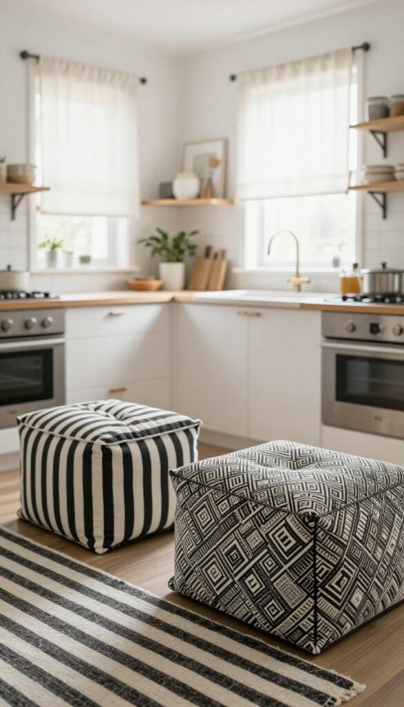 Cozy black and white kitchen with striped runner on island, linen curtains, and patterned cushions on bar stools.