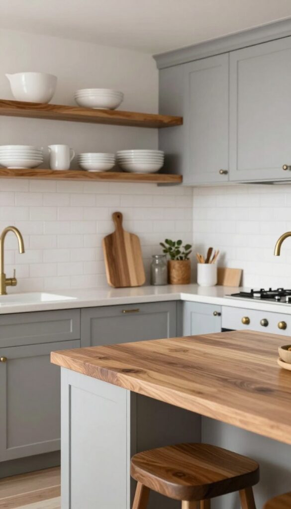 White and grey kitchen with warm wood open shelving and butcher block island countertop