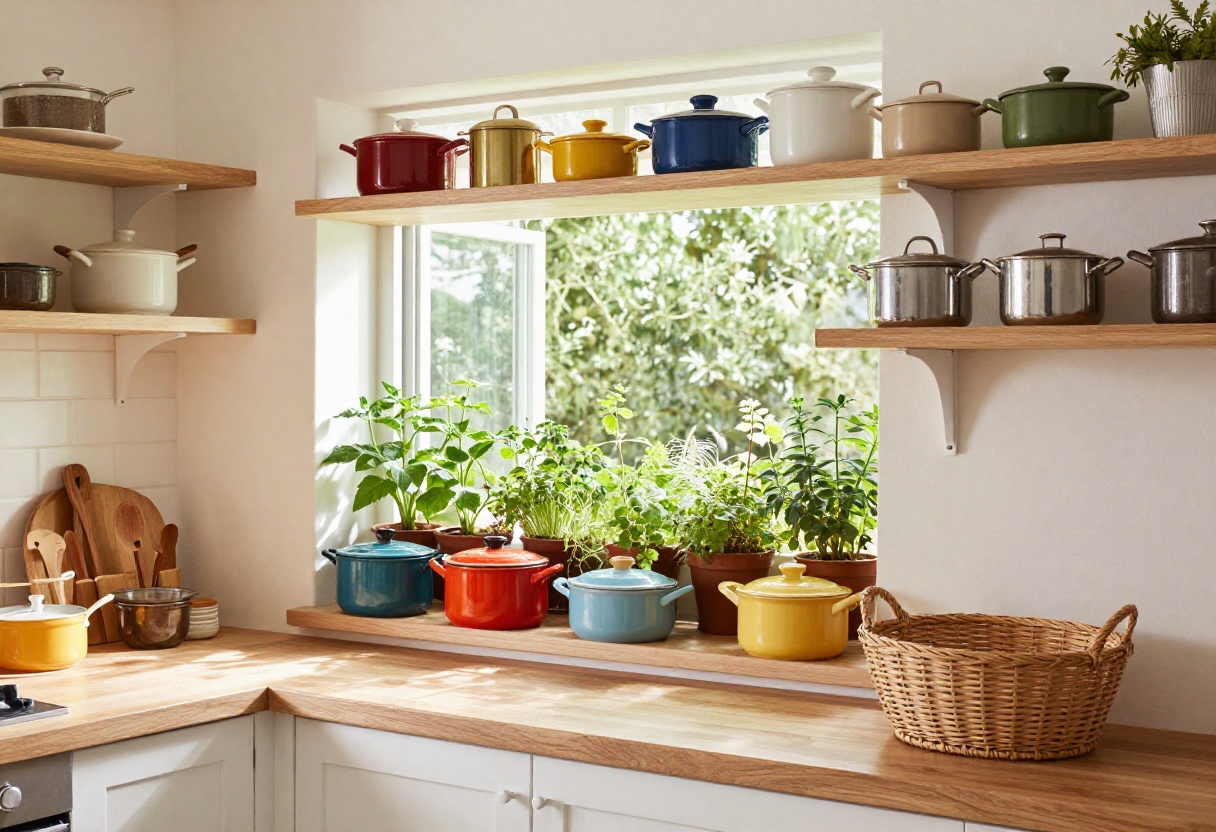 Bright Indian kitchen with open shelving, herb garden, and organized countertop