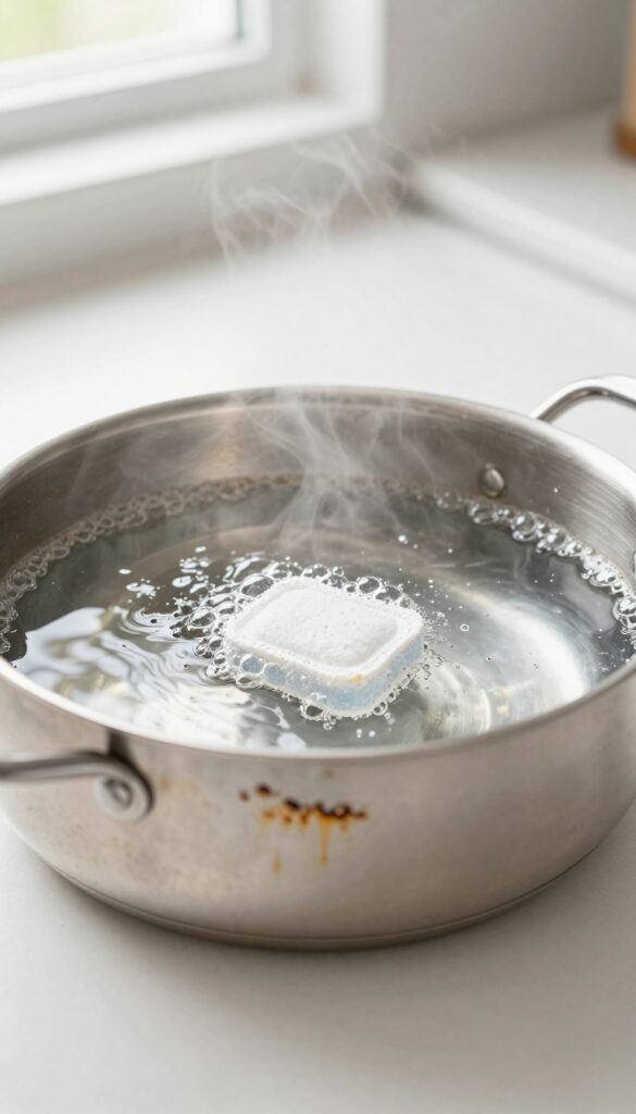 Dishwasher tablet dissolving in a burnt stainless steel pan with hot water and steam.