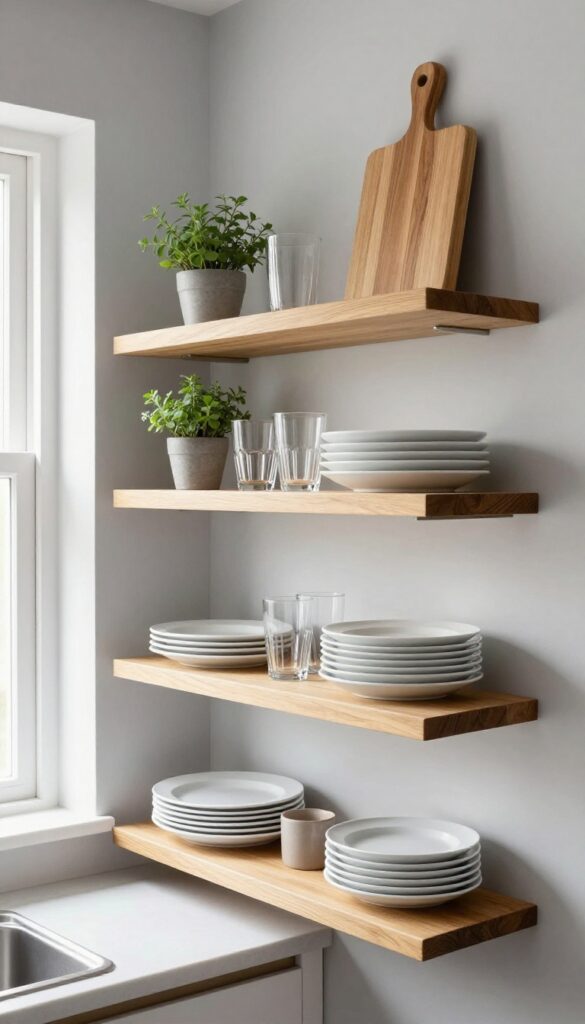 Open shelving in a small kitchen with white dishes and herbs, creating a light and airy feel