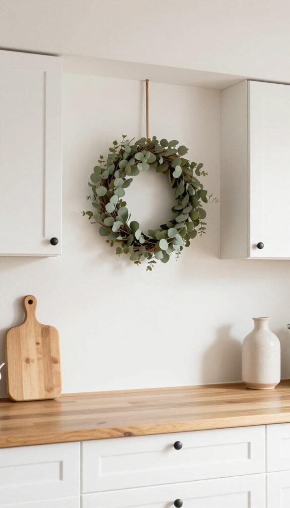 Small dried eucalyptus wreath hanging above kitchen cabinets in a bright, airy kitchen with white shaker cabinets and natural light.