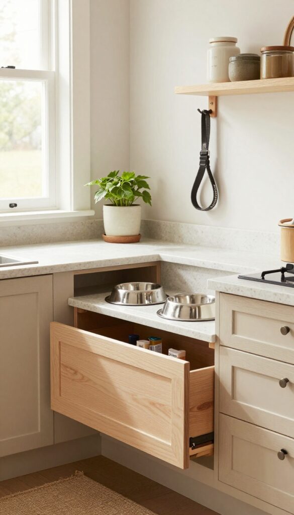 Built-in pet feeding station in a kitchen alcove with raised bowls, drawer, and leash hook.