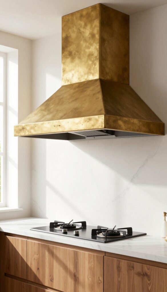 Sculptural brass range hood as statement art in a warm luxury kitchen with marble backsplash and natural light