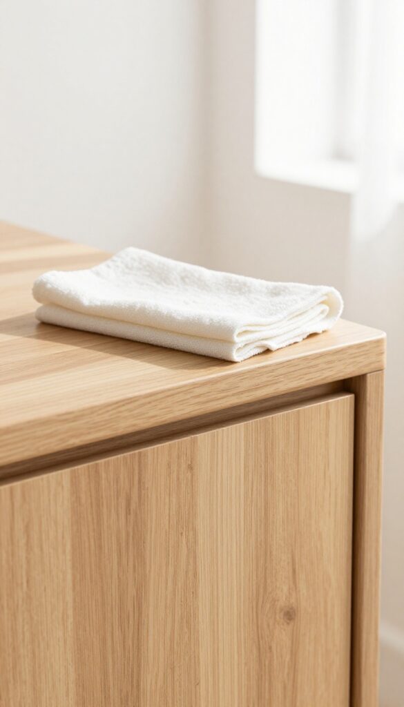 Cleaning wooden kitchen cabinets with a vinegar and water solution using a microfiber cloth