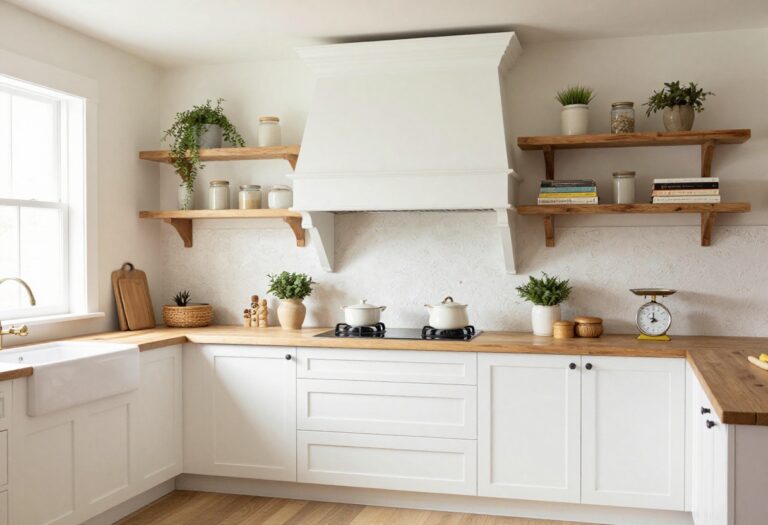 Farmhouse kitchen with white range hood, open shelving, and rustic decor