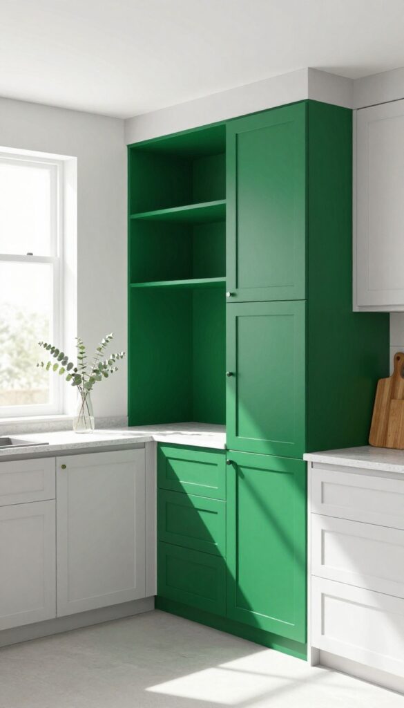 Two-tone kitchen with one wall of emerald green cabinets as a bold color block, maximizing storage in a bright, airy space.